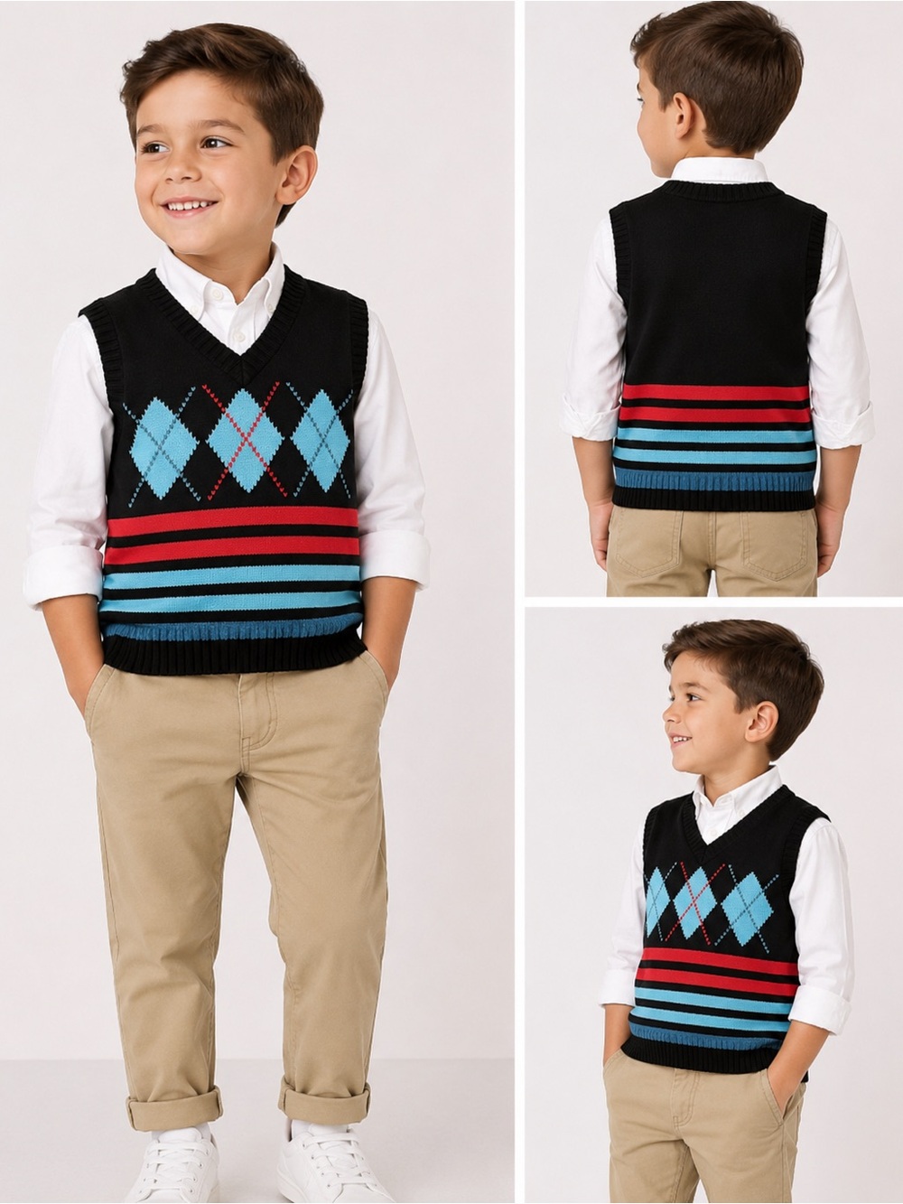 Hartstrings Boys Black Sleeveless Sweater w/ Blue Argyle & Red Stripes Size 5/6